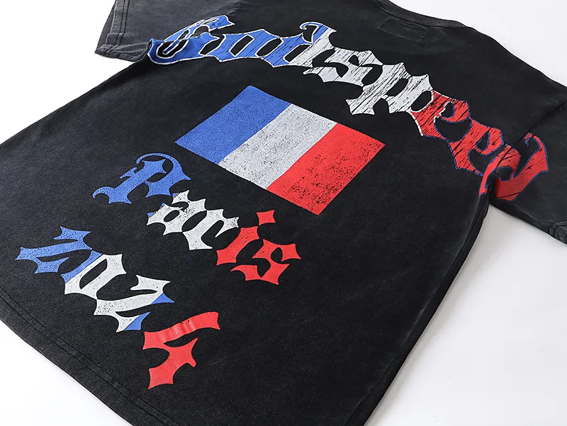 1078# P126 Washed Black Real Shot Godspeed American Fashion Rock Street Retro Washed Distressed Printed Pure Cotton Short Sleeves Fabric: 250g 32 Count Fine Cotton Double Yarn Pure Cotton Color: Washed Black Size: S M L XL