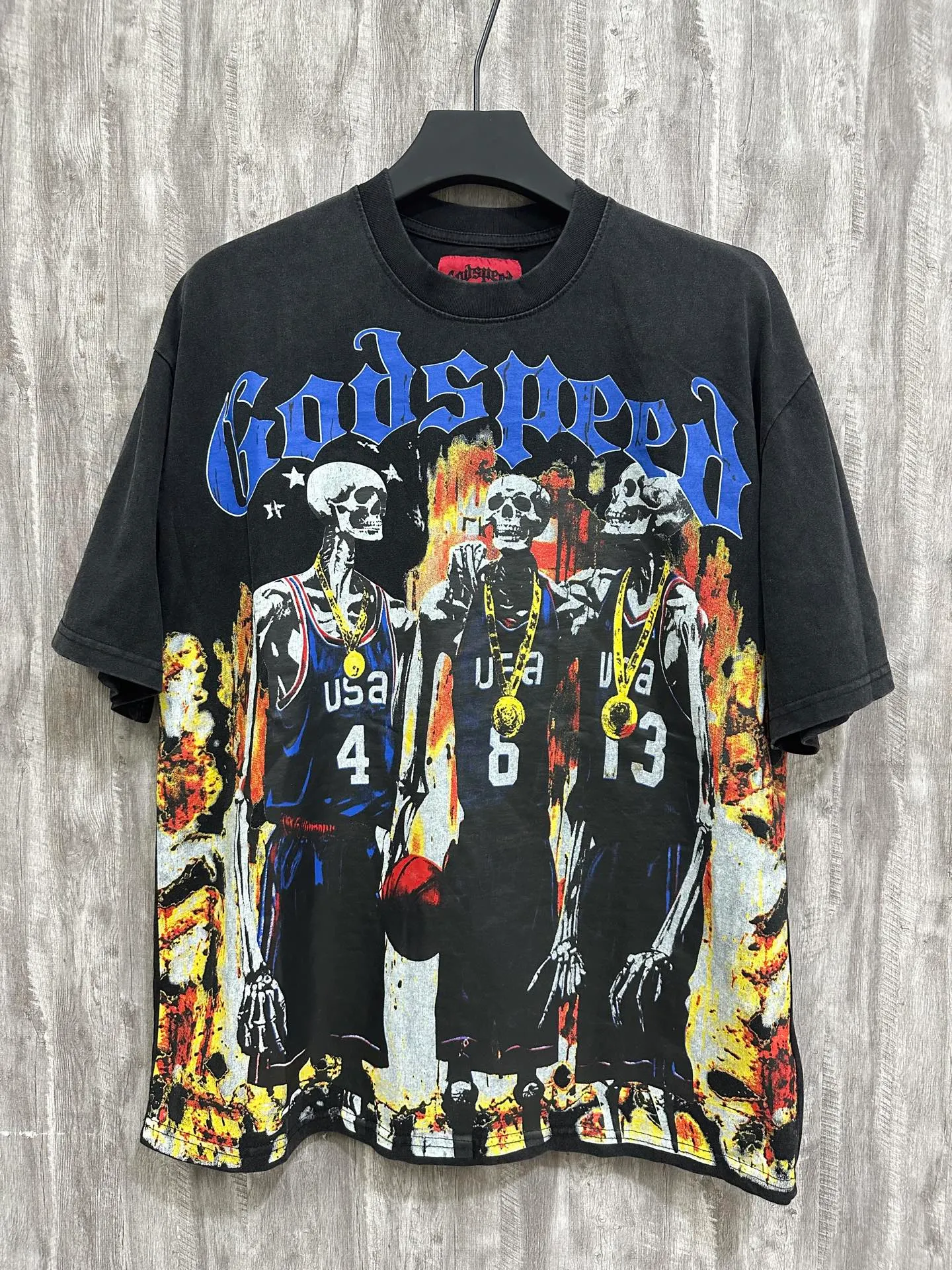 6020#washed black｜P116 Godspeed cross-border American rock and roll street washed retro style short-sleeved T (craft printing) fabric (fabric): 32 count combed double yarn 250g weight code number (size): S-M-L-XL color (colour): washed black 👉