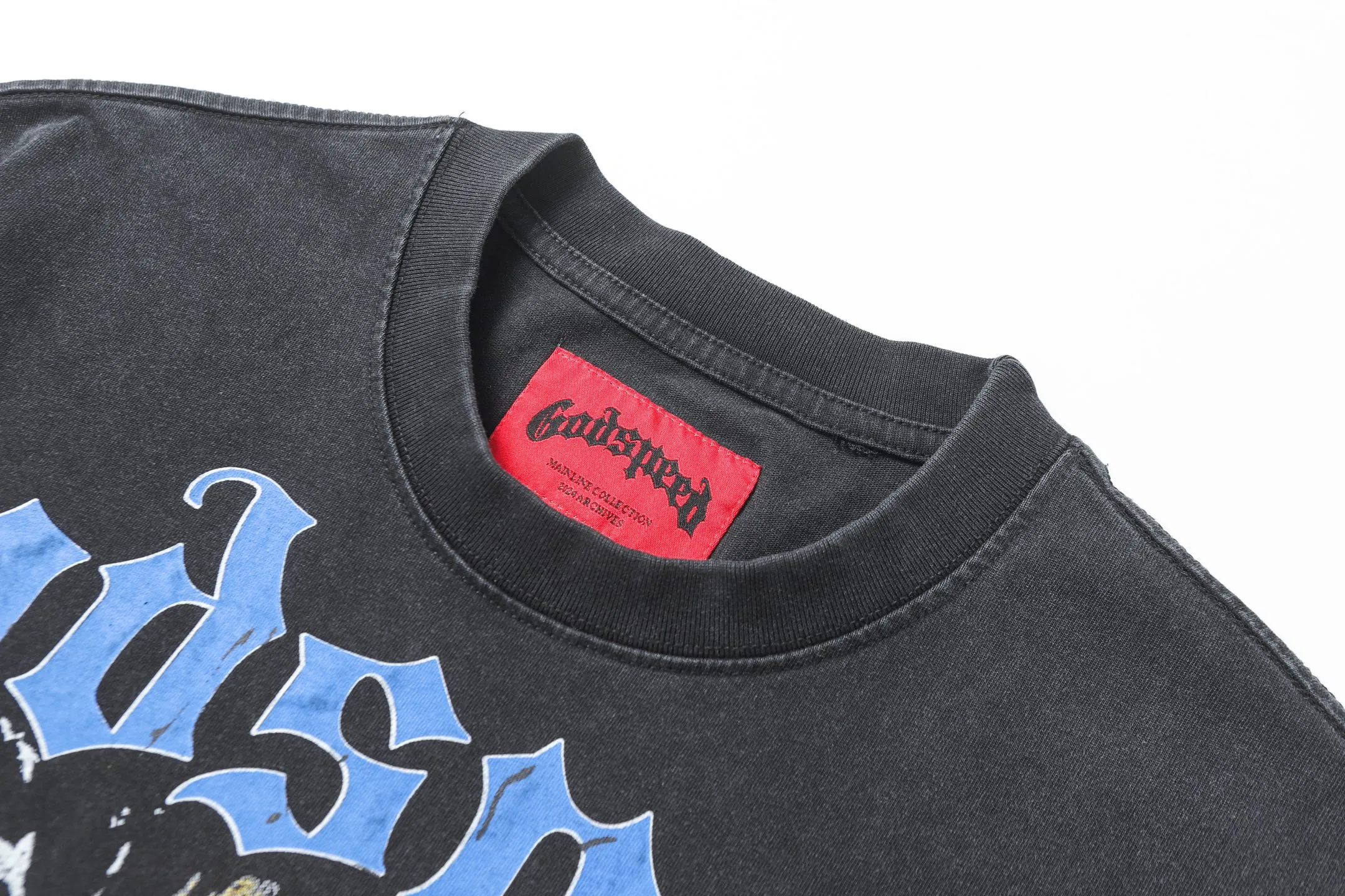 6020#washed black｜P116 Godspeed cross-border American rock and roll street washed retro style short-sleeved T (craft printing) fabric (fabric): 32 count combed double yarn 250g weight code number (size): S-M-L-XL color (colour): washed black 👉