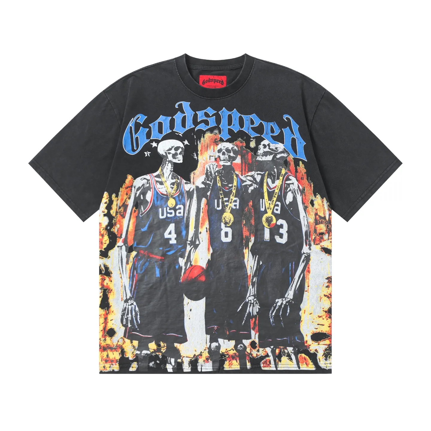 6020#washed black｜P116 Godspeed cross-border American rock and roll street washed retro style short-sleeved T (craft printing) fabric (fabric): 32 count combed double yarn 250g weight code number (size): S-M-L-XL color (colour): washed black 👉