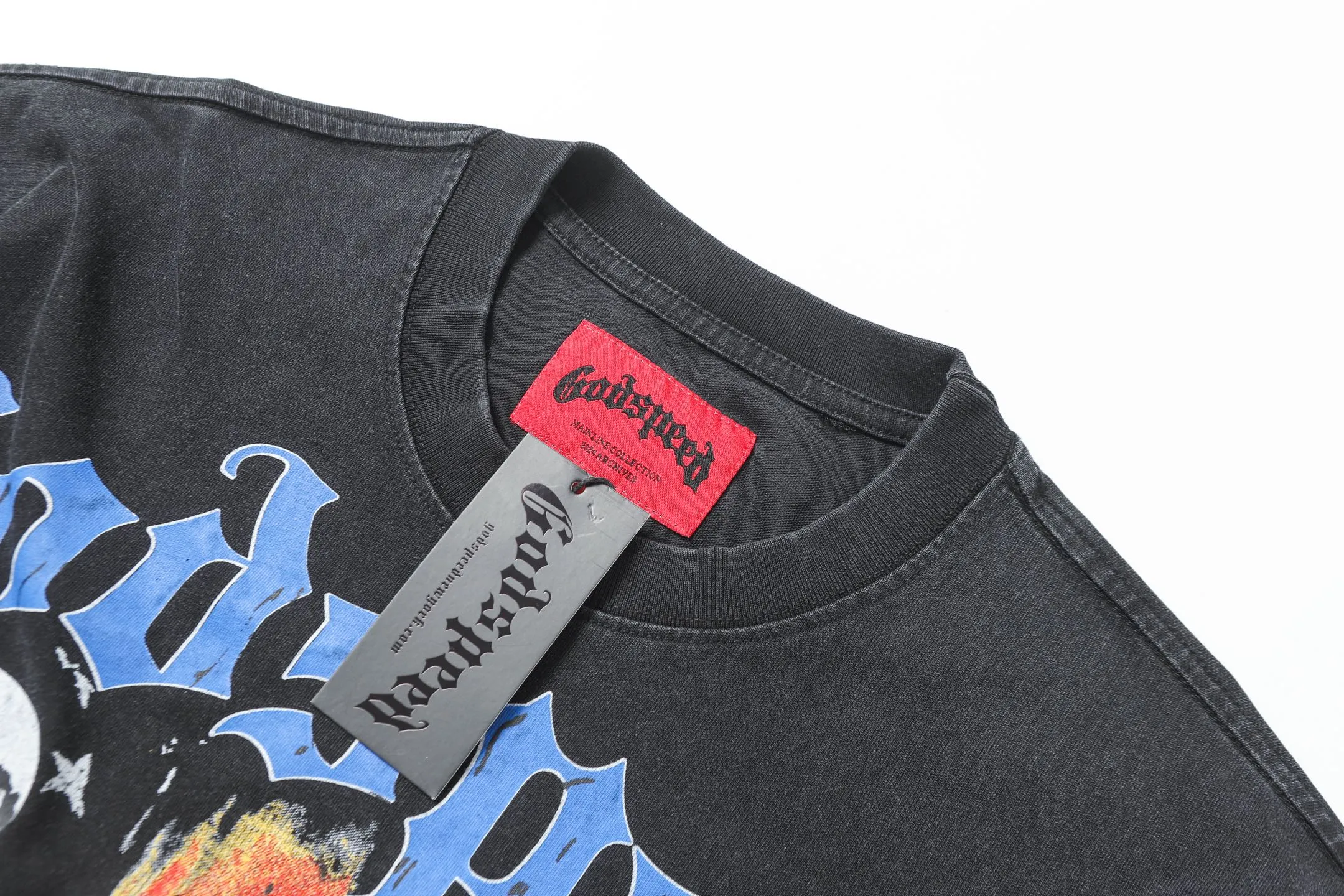 6020#washed black｜P116 Godspeed cross-border American rock and roll street washed retro style short-sleeved T (craft printing) fabric (fabric): 32 count combed double yarn 250g weight code number (size): S-M-L-XL color (colour): washed black 👉