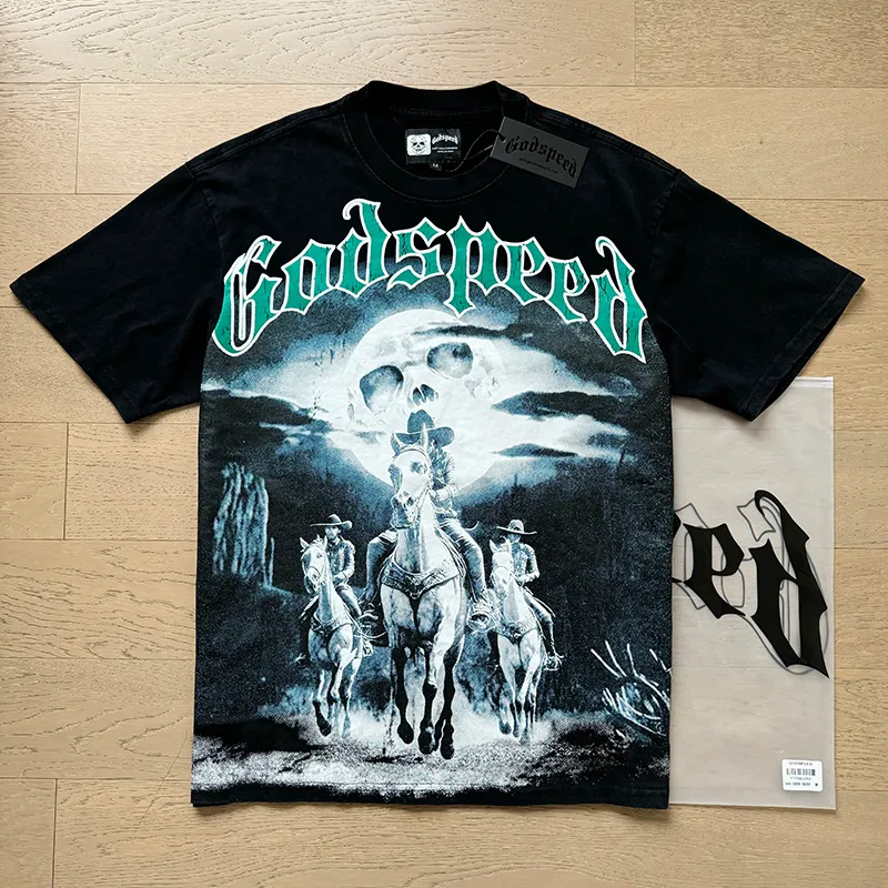 1038# P126 Washed Black Real Shot Godspeed American Fashion Rock Street Retro Washed Distressed Printed Cotton Short Sleeves Fabric: 250g 32 Count Fine Cotton Double Yarn Pure Cotton Color: Washed Black Size: S M L XL