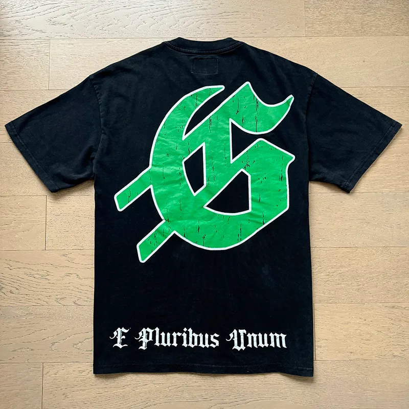 1038# P126 Washed Black Real Shot Godspeed American Fashion Rock Street Retro Washed Distressed Printed Cotton Short Sleeves Fabric: 250g 32 Count Fine Cotton Double Yarn Pure Cotton Color: Washed Black Size: S M L XL