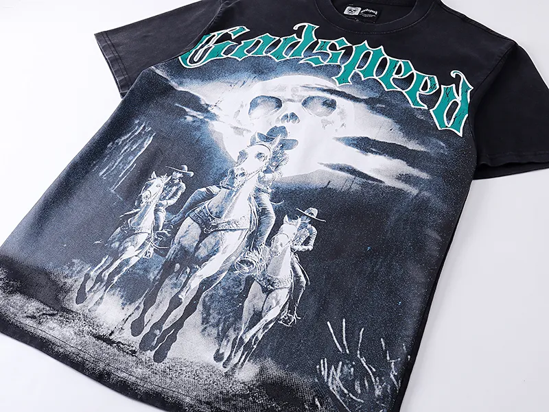 1038# P126 Washed Black Real Shot Godspeed American Fashion Rock Street Retro Washed Distressed Printed Cotton Short Sleeves Fabric: 250g 32 Count Fine Cotton Double Yarn Pure Cotton Color: Washed Black Size: S M L XL