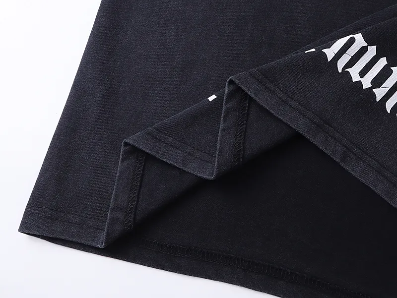 1038# P126 Washed Black Real Shot Godspeed American Fashion Rock Street Retro Washed Distressed Printed Cotton Short Sleeves Fabric: 250g 32 Count Fine Cotton Double Yarn Pure Cotton Color: Washed Black Size: S M L XL