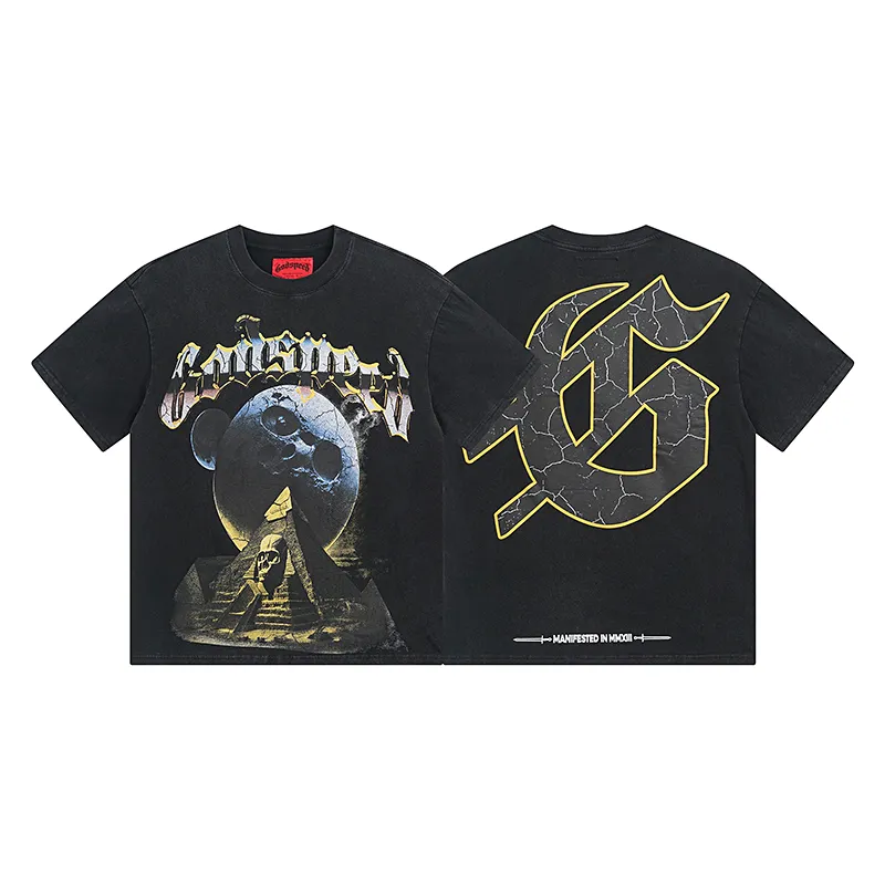 1080# P126 Washed Black Real Shot Godspeed American Fashion Rock Street Retro Washed Distressed Printed Cotton Short Sleeves Fabric: 250g 32 Count Fine Cotton Double Yarn Pure Cotton Color: Washed Black Size: S M L XL