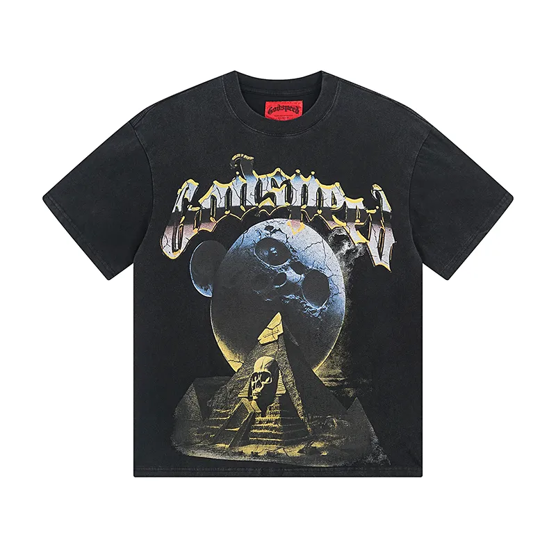 1080# P126 Washed Black Real Shot Godspeed American Fashion Rock Street Retro Washed Distressed Printed Cotton Short Sleeves Fabric: 250g 32 Count Fine Cotton Double Yarn Pure Cotton Color: Washed Black Size: S M L XL