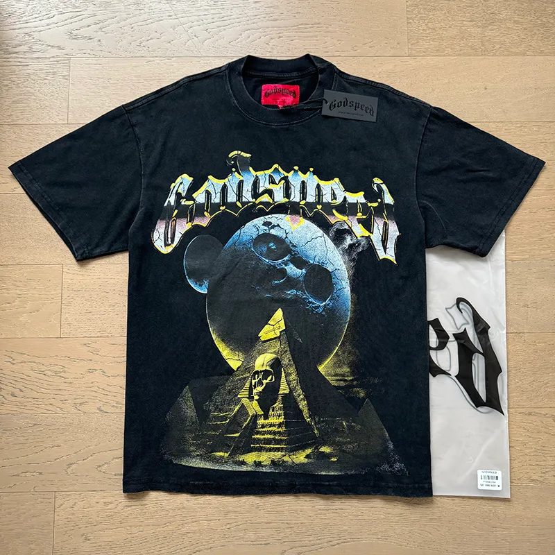 1080# P126 Washed Black Real Shot Godspeed American Fashion Rock Street Retro Washed Distressed Printed Cotton Short Sleeves Fabric: 250g 32 Count Fine Cotton Double Yarn Pure Cotton Color: Washed Black Size: S M L XL