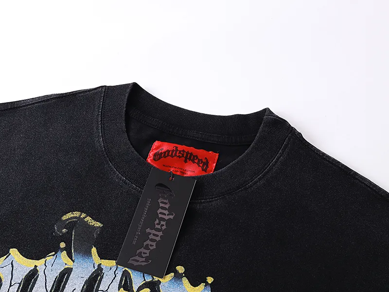 1080# P126 Washed Black Real Shot Godspeed American Fashion Rock Street Retro Washed Distressed Printed Cotton Short Sleeves Fabric: 250g 32 Count Fine Cotton Double Yarn Pure Cotton Color: Washed Black Size: S M L XL
