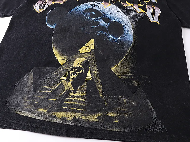 1080# P126 Washed Black Real Shot Godspeed American Fashion Rock Street Retro Washed Distressed Printed Cotton Short Sleeves Fabric: 250g 32 Count Fine Cotton Double Yarn Pure Cotton Color: Washed Black Size: S M L XL