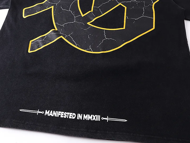 1080# P126 Washed Black Real Shot Godspeed American Fashion Rock Street Retro Washed Distressed Printed Cotton Short Sleeves Fabric: 250g 32 Count Fine Cotton Double Yarn Pure Cotton Color: Washed Black Size: S M L XL