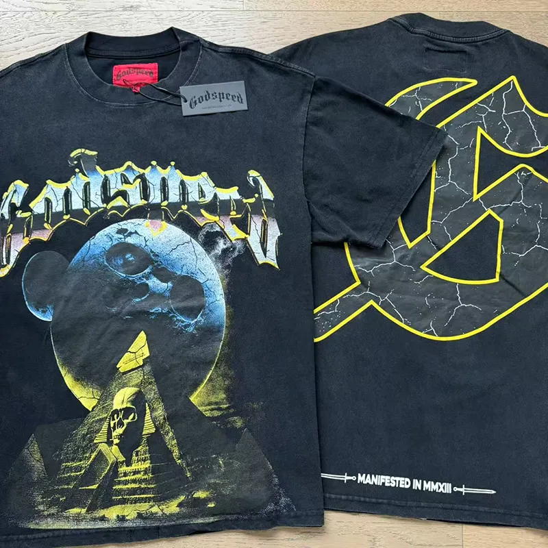 1080# P126 Washed Black Real Shot Godspeed American Fashion Rock Street Retro Washed Distressed Printed Cotton Short Sleeves Fabric: 250g 32 Count Fine Cotton Double Yarn Pure Cotton Color: Washed Black Size: S M L XL