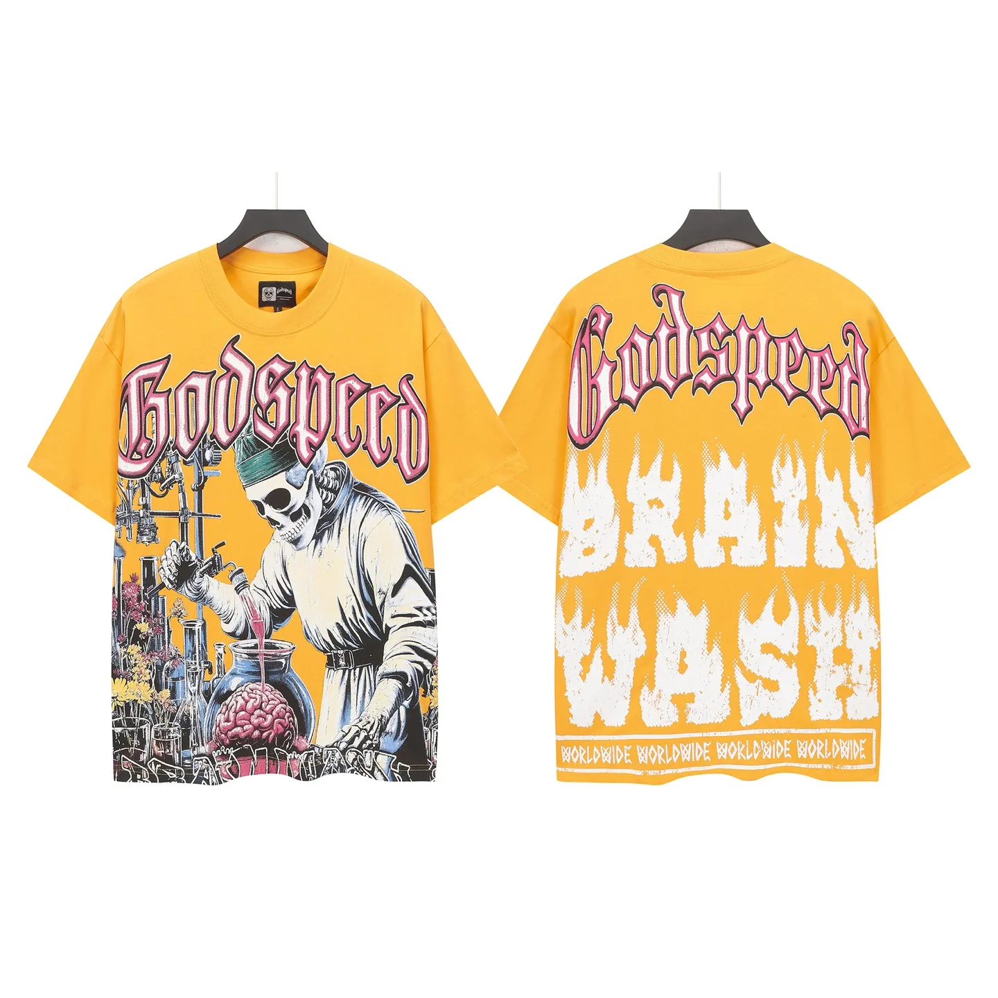 5115# Golden I P106 Godspeed cross-border American rock and roll street washed retro style short-sleeved T (craft printing) fabric (fabric) 32-count combed double yarn 240 grams weight code number (size): S-M-L-XL color (colour): golden yellow