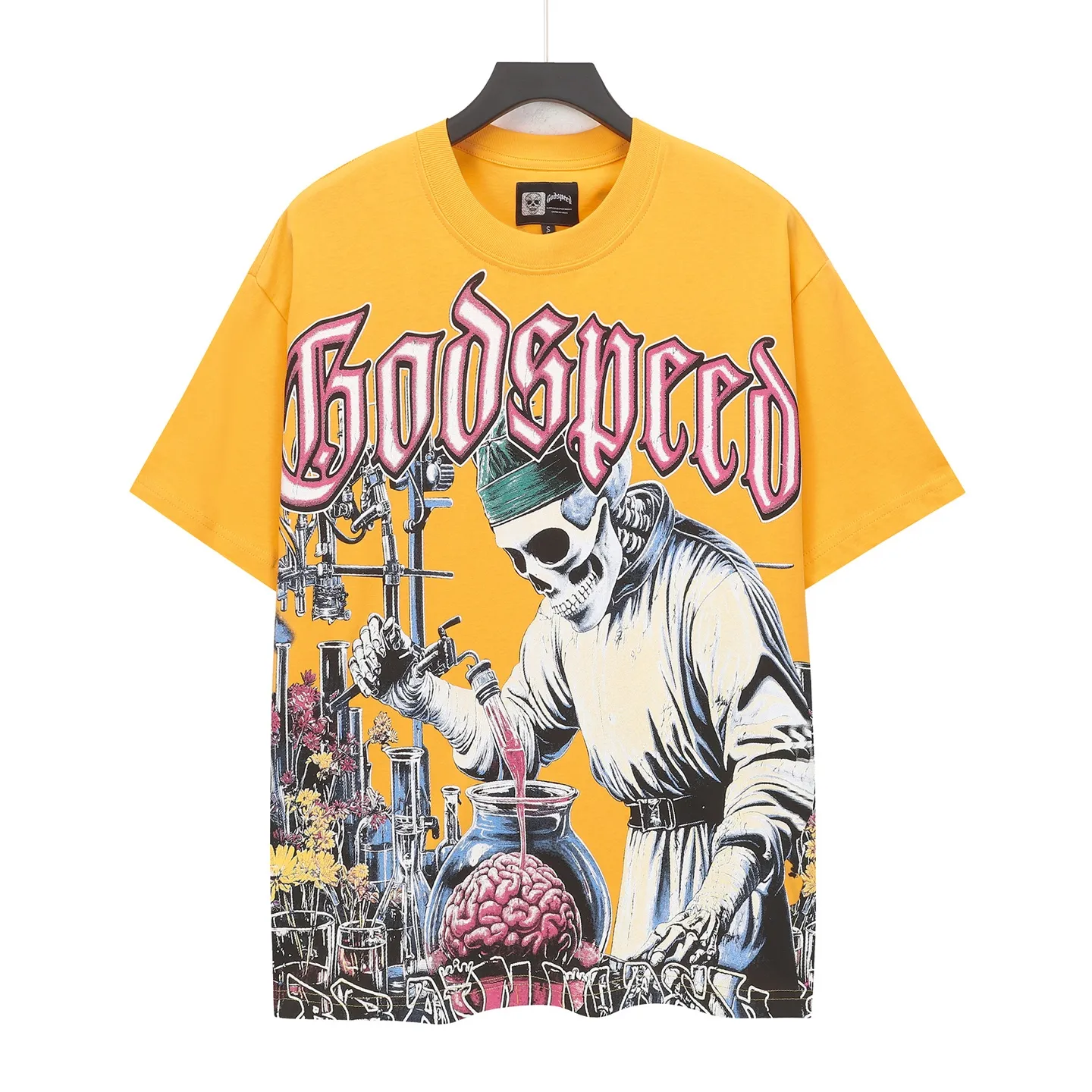 5115# Golden I P106 Godspeed cross-border American rock and roll street washed retro style short-sleeved T (craft printing) fabric (fabric) 32-count combed double yarn 240 grams weight code number (size): S-M-L-XL color (colour): golden yellow