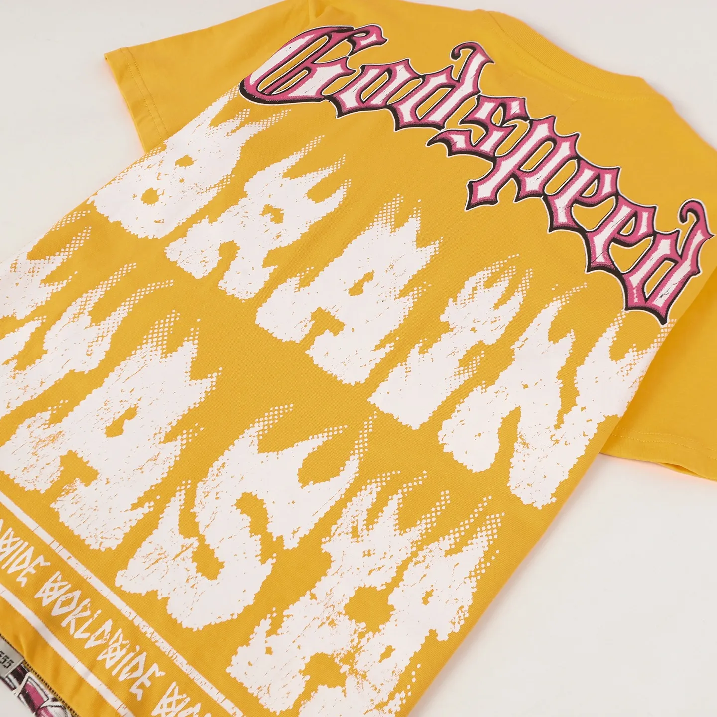 5115# Golden I P106 Godspeed cross-border American rock and roll street washed retro style short-sleeved T (craft printing) fabric (fabric) 32-count combed double yarn 240 grams weight code number (size): S-M-L-XL color (colour): golden yellow