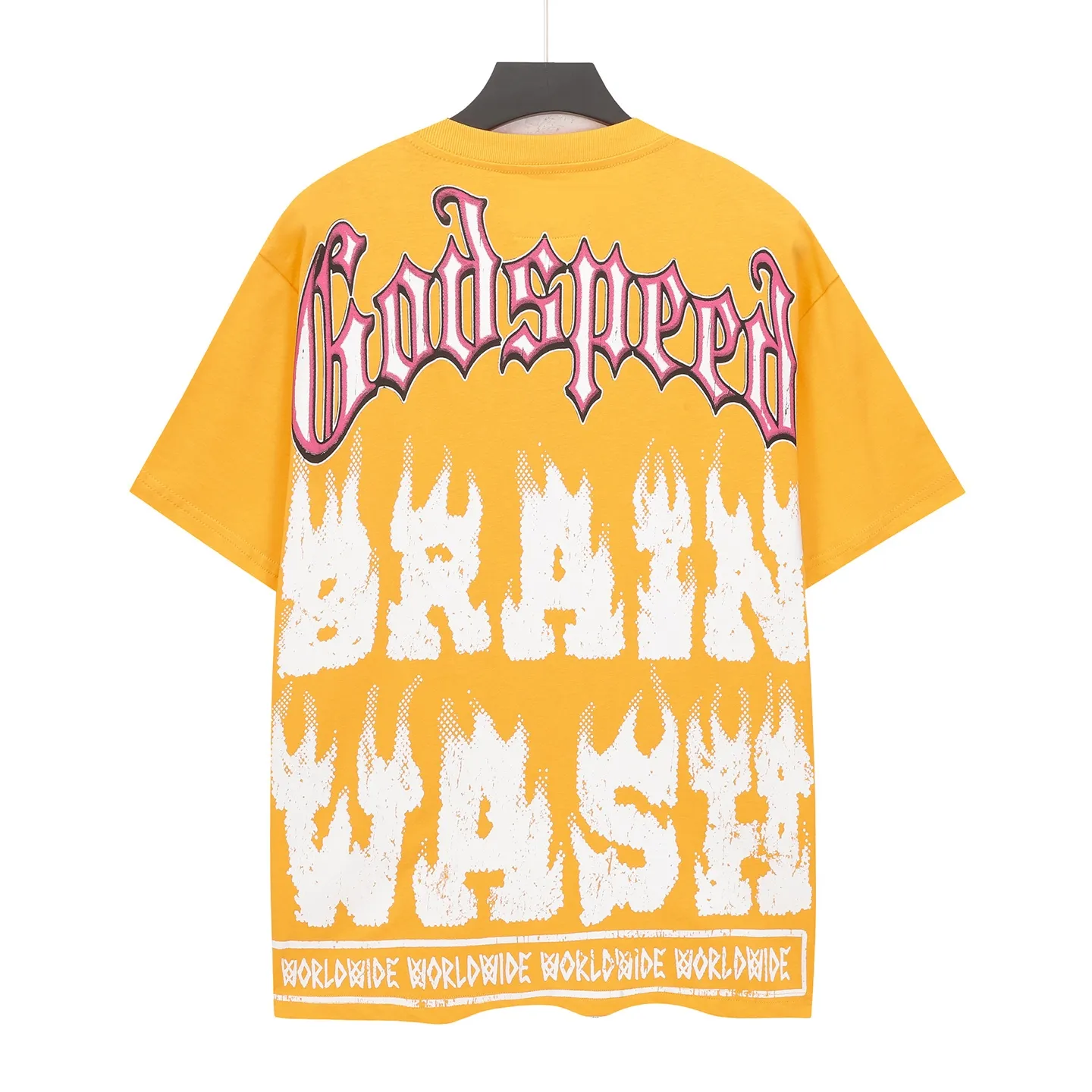5115# Golden I P106 Godspeed cross-border American rock and roll street washed retro style short-sleeved T (craft printing) fabric (fabric) 32-count combed double yarn 240 grams weight code number (size): S-M-L-XL color (colour): golden yellow