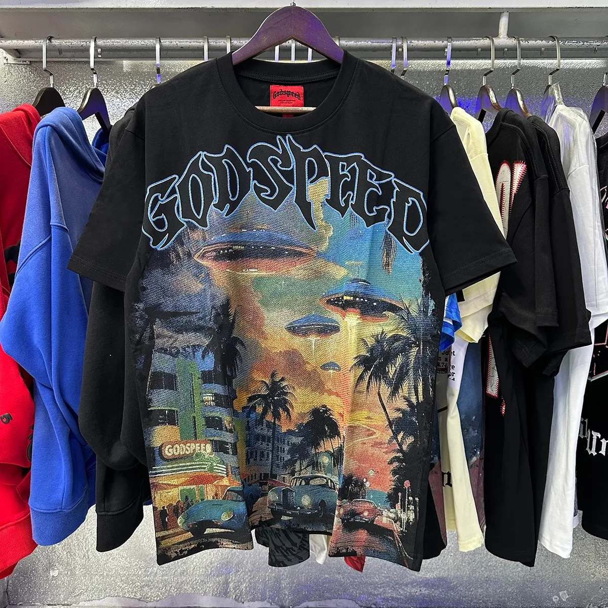 Actual photo, No. 7039, foreign trade beauty trend Godspeed urban UFO flying saucer printing high quality double yarn pure cotton casual short-sleeved T-shirt batch 110 Color: black, apricot; Size: S M L XL