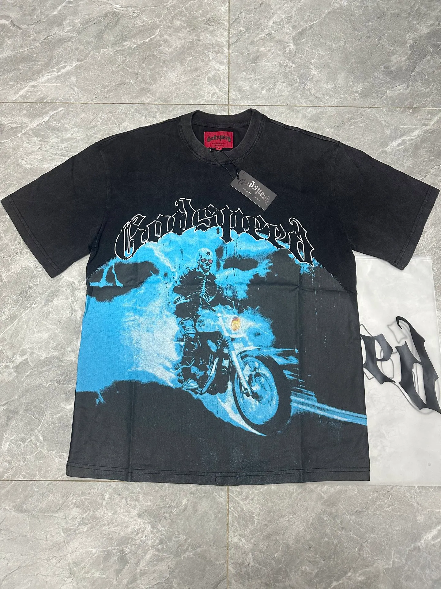 6075#washed black ｜P116 Godspeed cross-border American rock and roll street washed retro style short-sleeved T (craft printing) fabric (fabric): 32 count combed double yarn 250g weight size (size): S-M-L-XL color (colour): washed black 👉