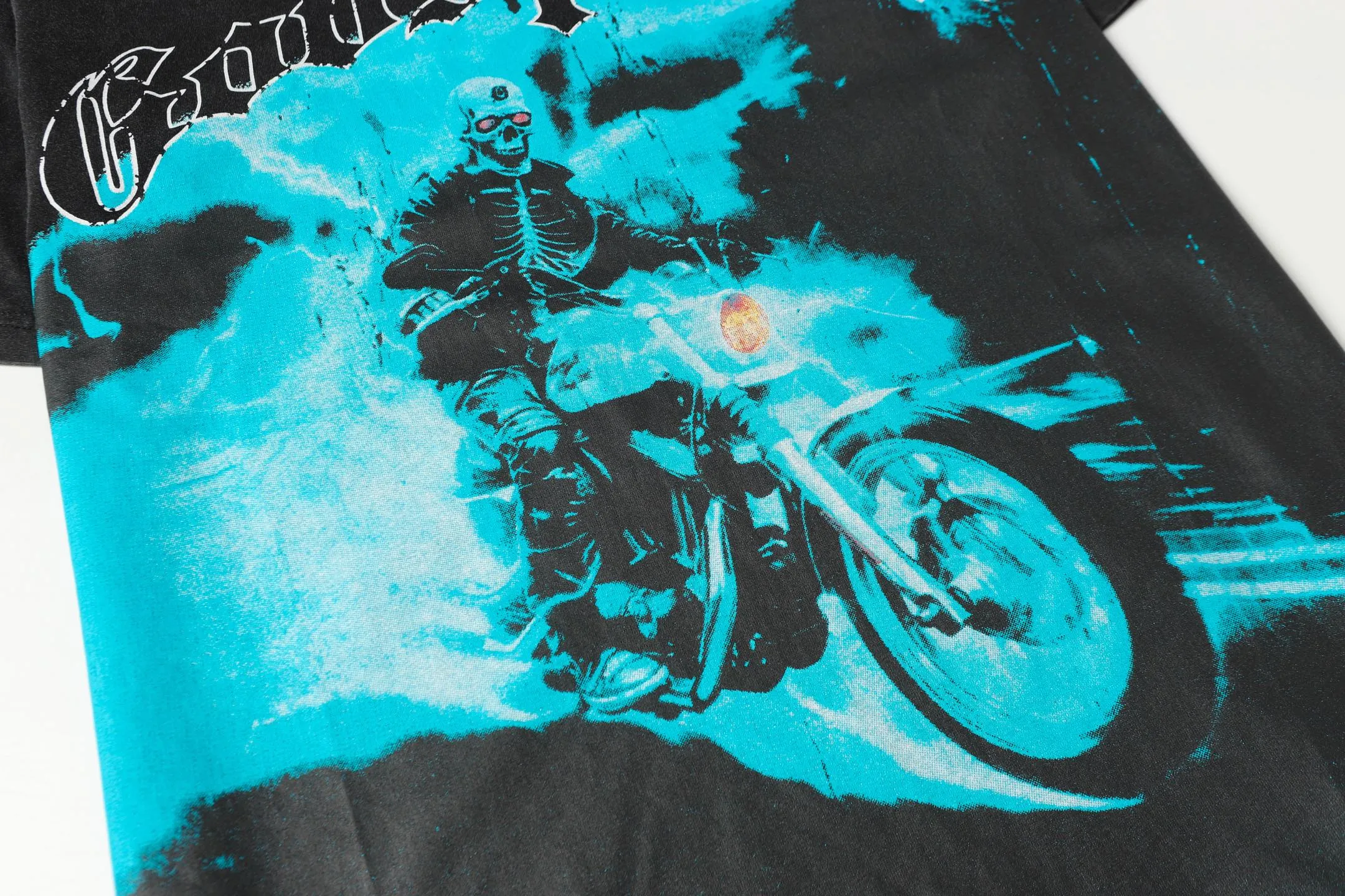 6075#washed black ｜P116 Godspeed cross-border American rock and roll street washed retro style short-sleeved T (craft printing) fabric (fabric): 32 count combed double yarn 250g weight size (size): S-M-L-XL color (colour): washed black 👉