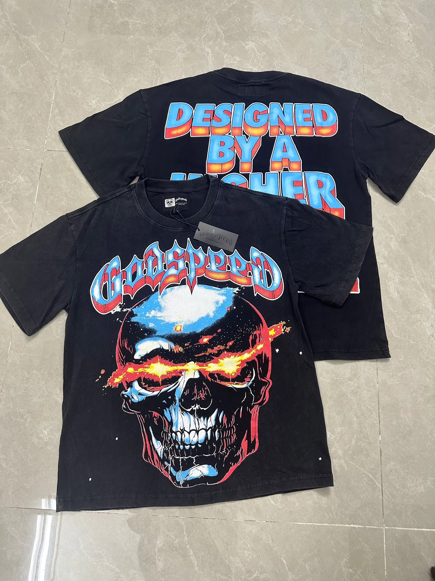 6108# washed black I P116 Godspeed cross-border American rock and roll street washed retro style short-sleeved T (process printing) fabric (fabric): washed black, blue: 32 count combed double yarn 250 grams weight code (size): S-M-L-XL color (colour): washed black,