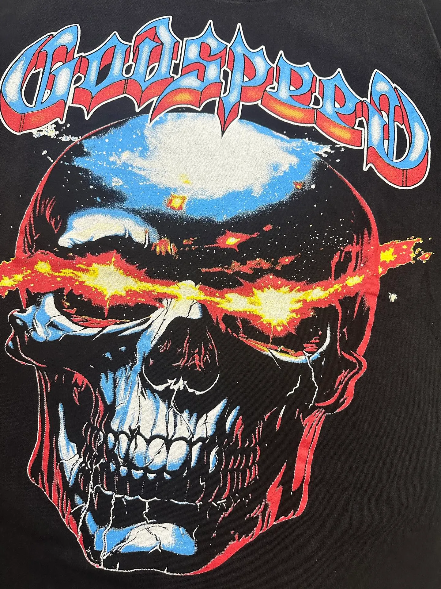 6108# washed black I P116 Godspeed cross-border American rock and roll street washed retro style short-sleeved T (process printing) fabric (fabric): washed black, blue: 32 count combed double yarn 250 grams weight code (size): S-M-L-XL color (colour): washed black,