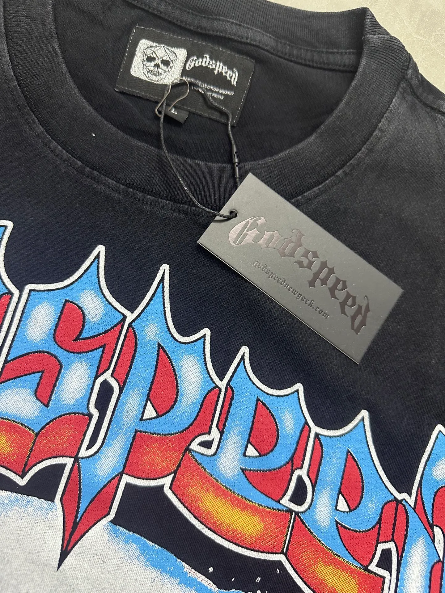 6108# washed black I P116 Godspeed cross-border American rock and roll street washed retro style short-sleeved T (process printing) fabric (fabric): washed black, blue: 32 count combed double yarn 250 grams weight code (size): S-M-L-XL color (colour): washed black,