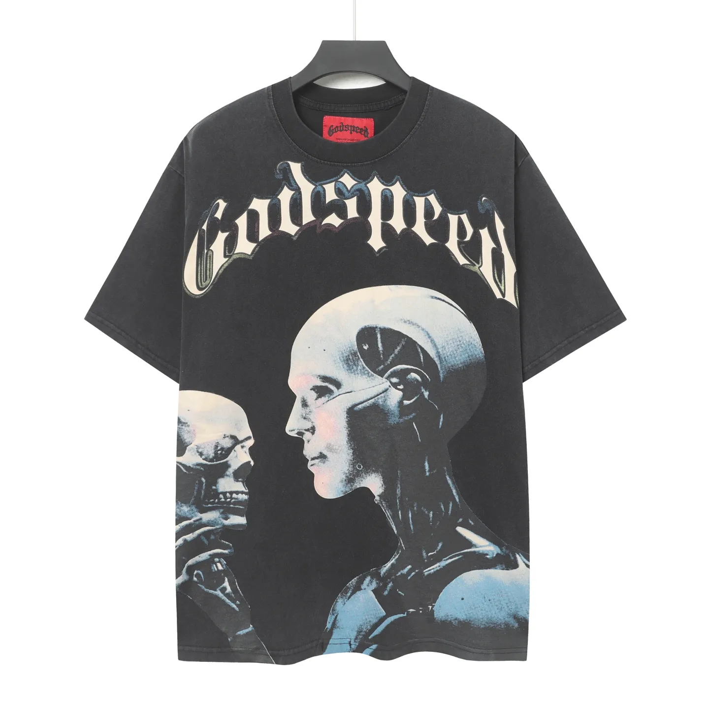 6018#washed black｜P116 Godspeed cross-border American rock and roll street washed retro style short-sleeved T (craft printing) fabric (fabric): 32 count combed double yarn 250g weight size (size): S-M-L-XL color (colour): washed black 👉