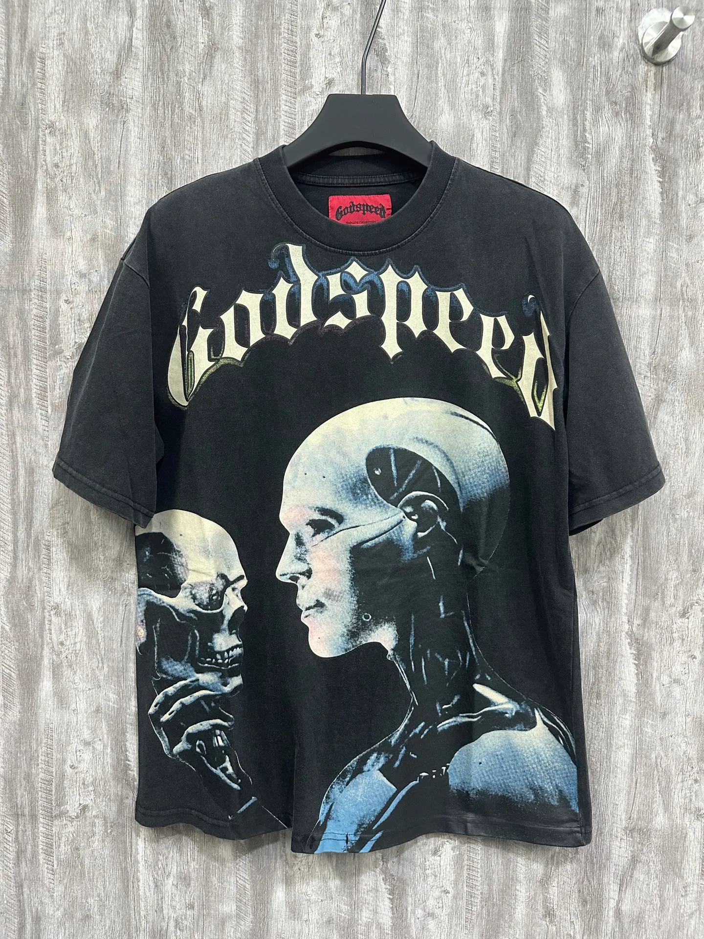 6018#washed black｜P116 Godspeed cross-border American rock and roll street washed retro style short-sleeved T (craft printing) fabric (fabric): 32 count combed double yarn 250g weight size (size): S-M-L-XL color (colour): washed black 👉
