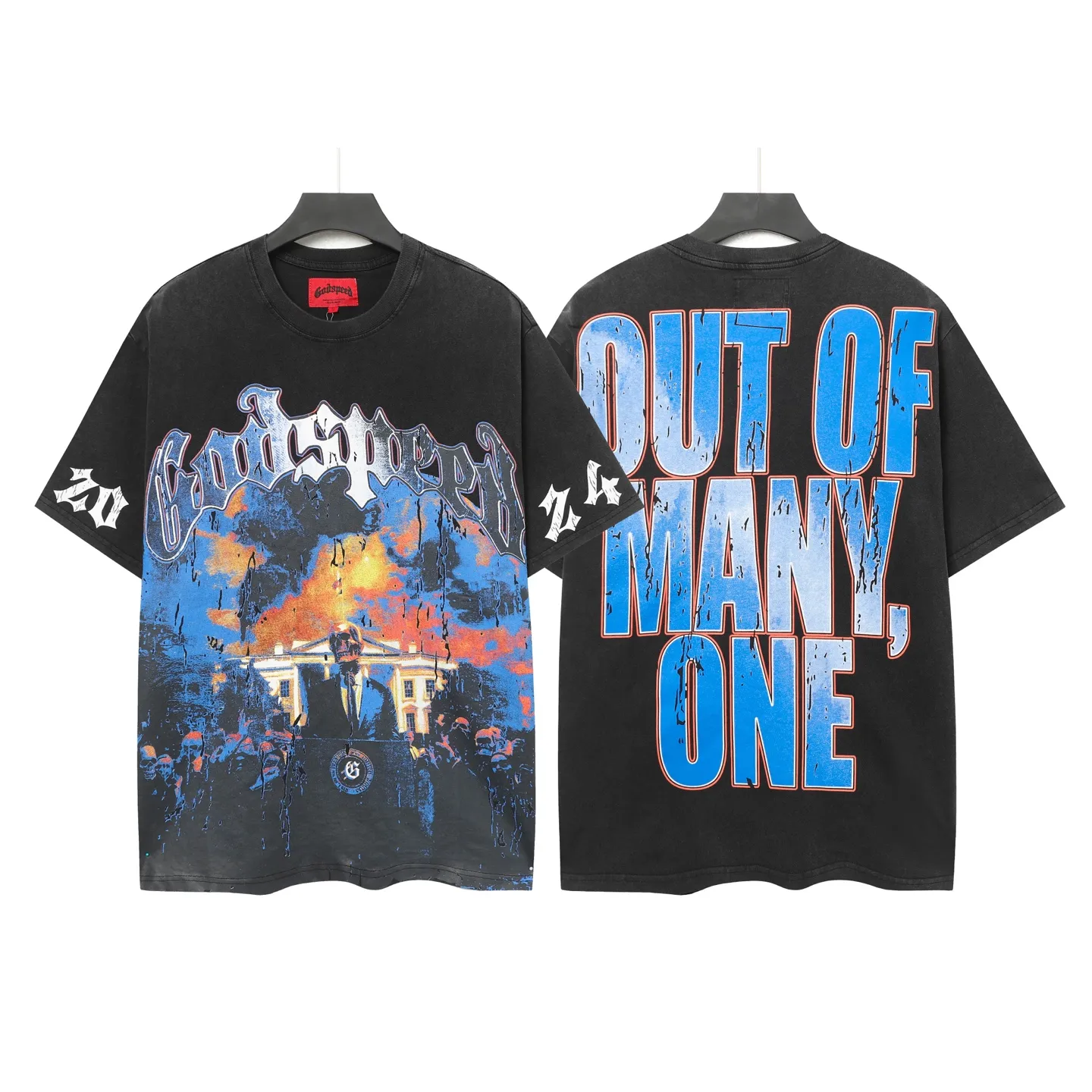 6051#washed black｜P116 Godspeed cross-border American rock and roll street washed retro style short-sleeved T (craft printing) fabric (fabric): 32 count combed double yarn 250g weight code number (size): S-M-L-XL color (colour): washed black