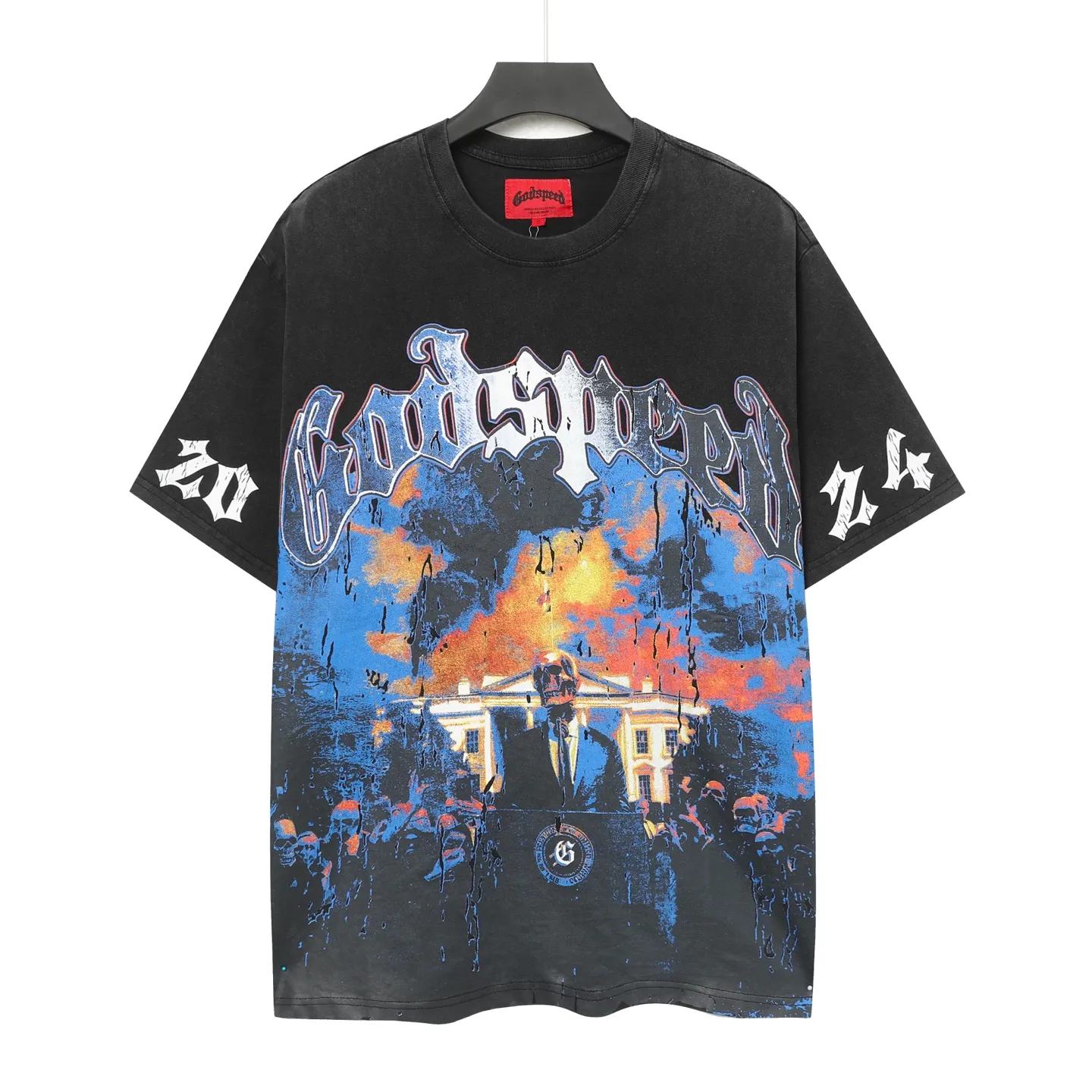 6051#washed black｜P116 Godspeed cross-border American rock and roll street washed retro style short-sleeved T (craft printing) fabric (fabric): 32 count combed double yarn 250g weight code number (size): S-M-L-XL color (colour): washed black