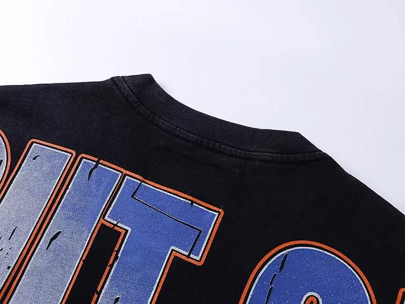 6051#washed black｜P116 Godspeed cross-border American rock and roll street washed retro style short-sleeved T (craft printing) fabric (fabric): 32 count combed double yarn 250g weight code number (size): S-M-L-XL color (colour): washed black