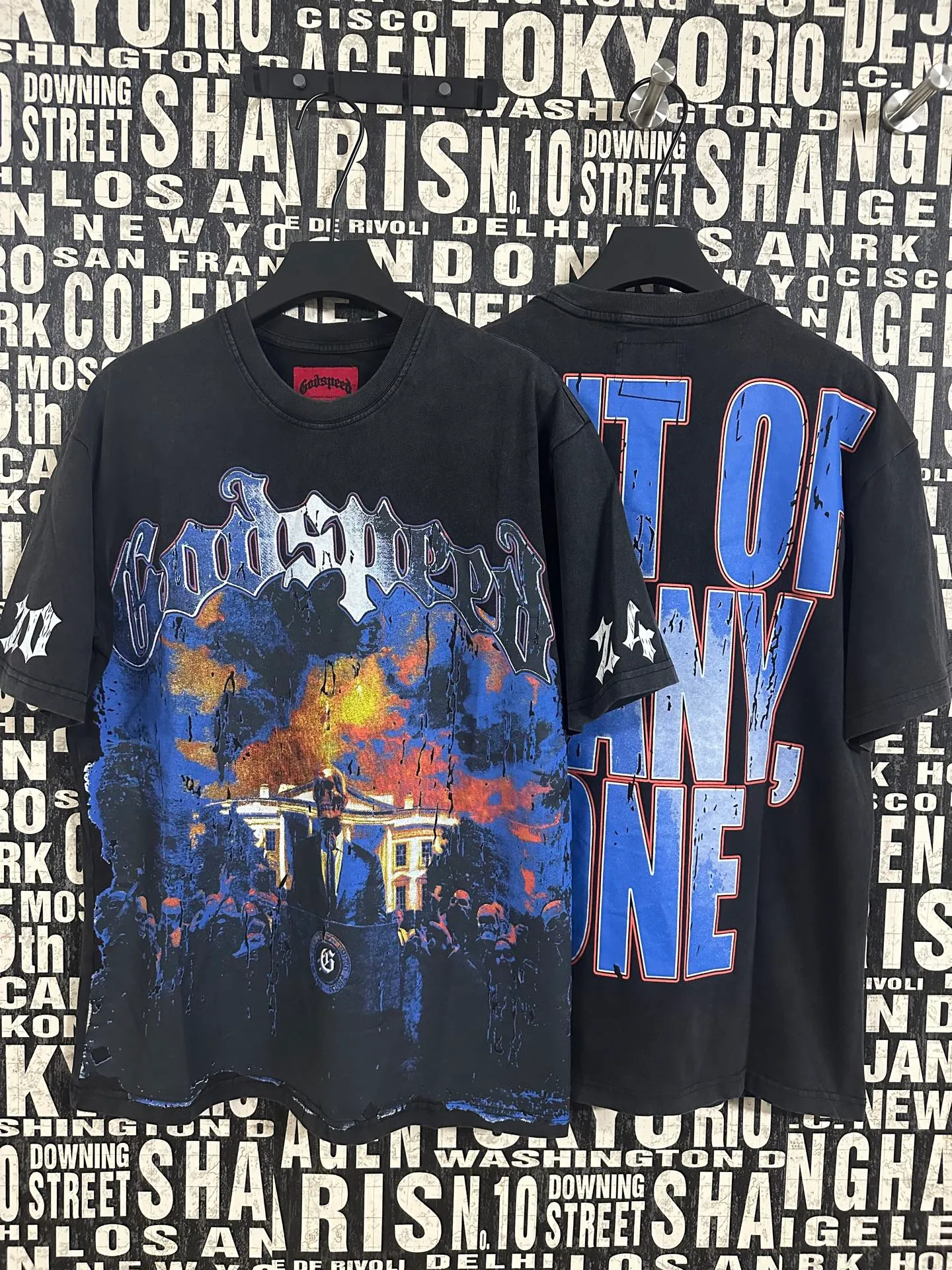 6051#washed black｜P116 Godspeed cross-border American rock and roll street washed retro style short-sleeved T (craft printing) fabric (fabric): 32 count combed double yarn 250g weight code number (size): S-M-L-XL color (colour): washed black