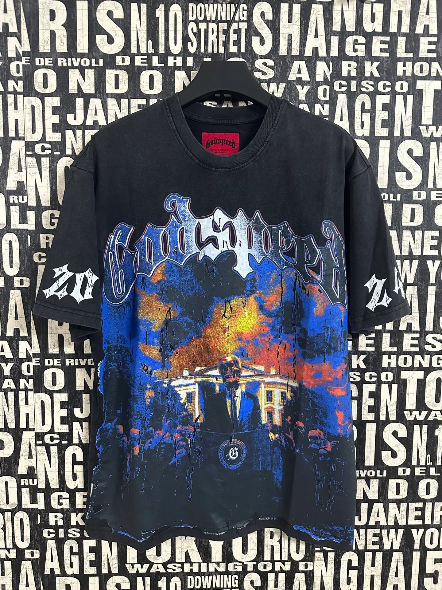 6051#washed black｜P116 Godspeed cross-border American rock and roll street washed retro style short-sleeved T (craft printing) fabric (fabric): 32 count combed double yarn 250g weight code number (size): S-M-L-XL color (colour): washed black