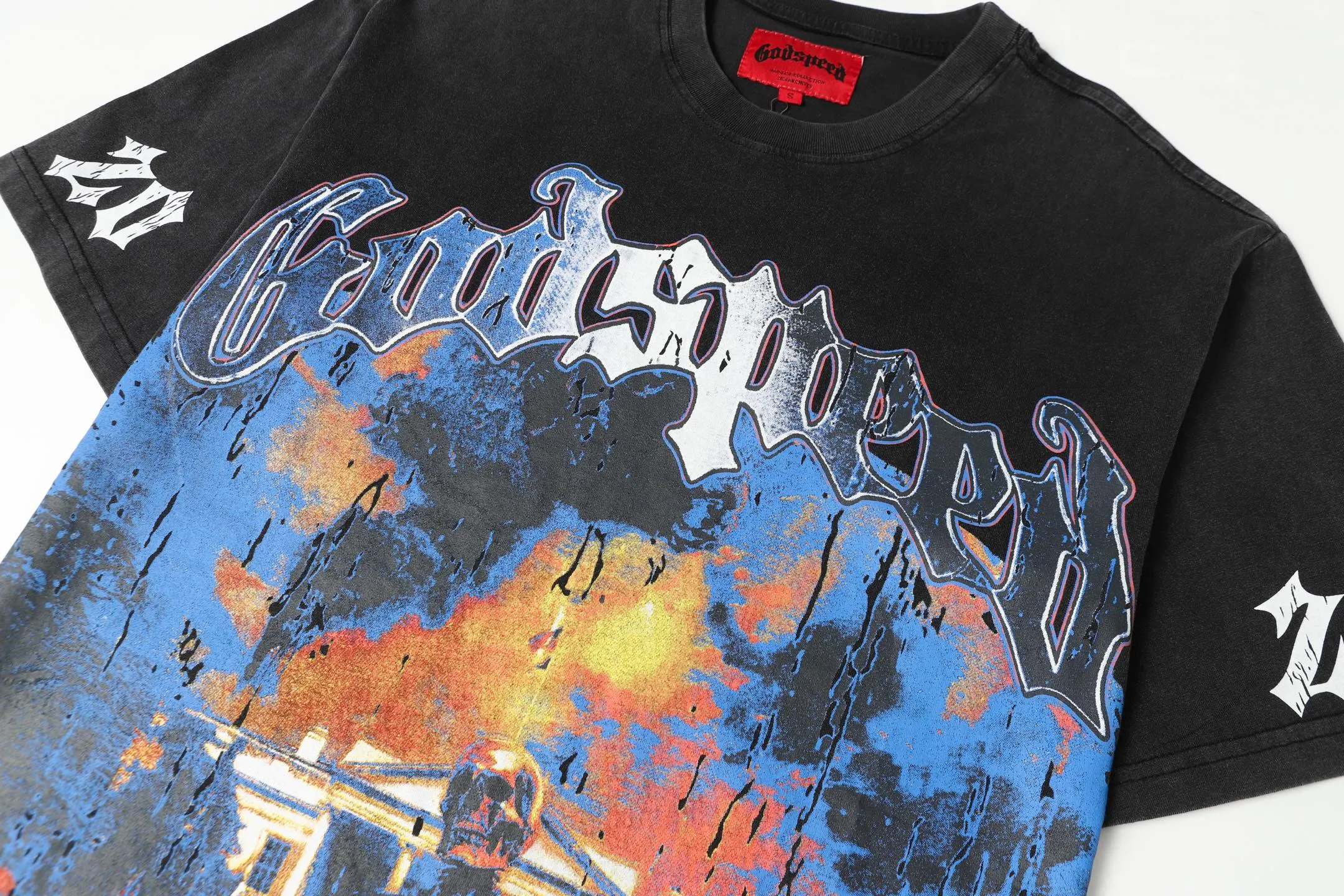 6051#washed black｜P116 Godspeed cross-border American rock and roll street washed retro style short-sleeved T (craft printing) fabric (fabric): 32 count combed double yarn 250g weight code number (size): S-M-L-XL color (colour): washed black