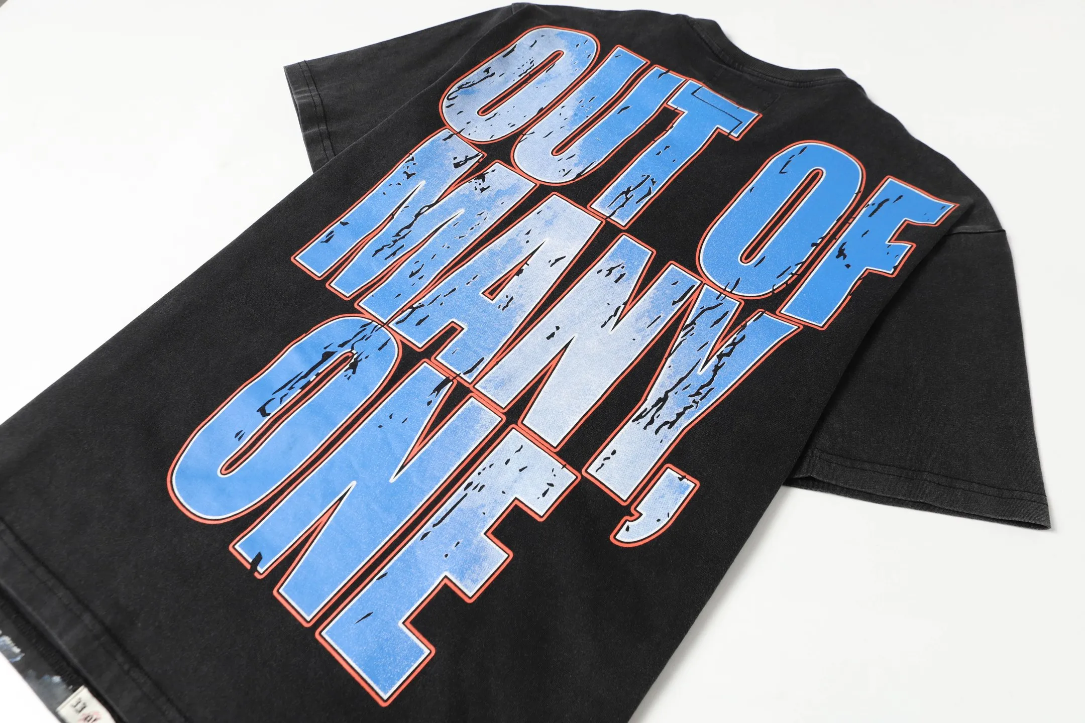 6051#washed black｜P116 Godspeed cross-border American rock and roll street washed retro style short-sleeved T (craft printing) fabric (fabric): 32 count combed double yarn 250g weight code number (size): S-M-L-XL color (colour): washed black