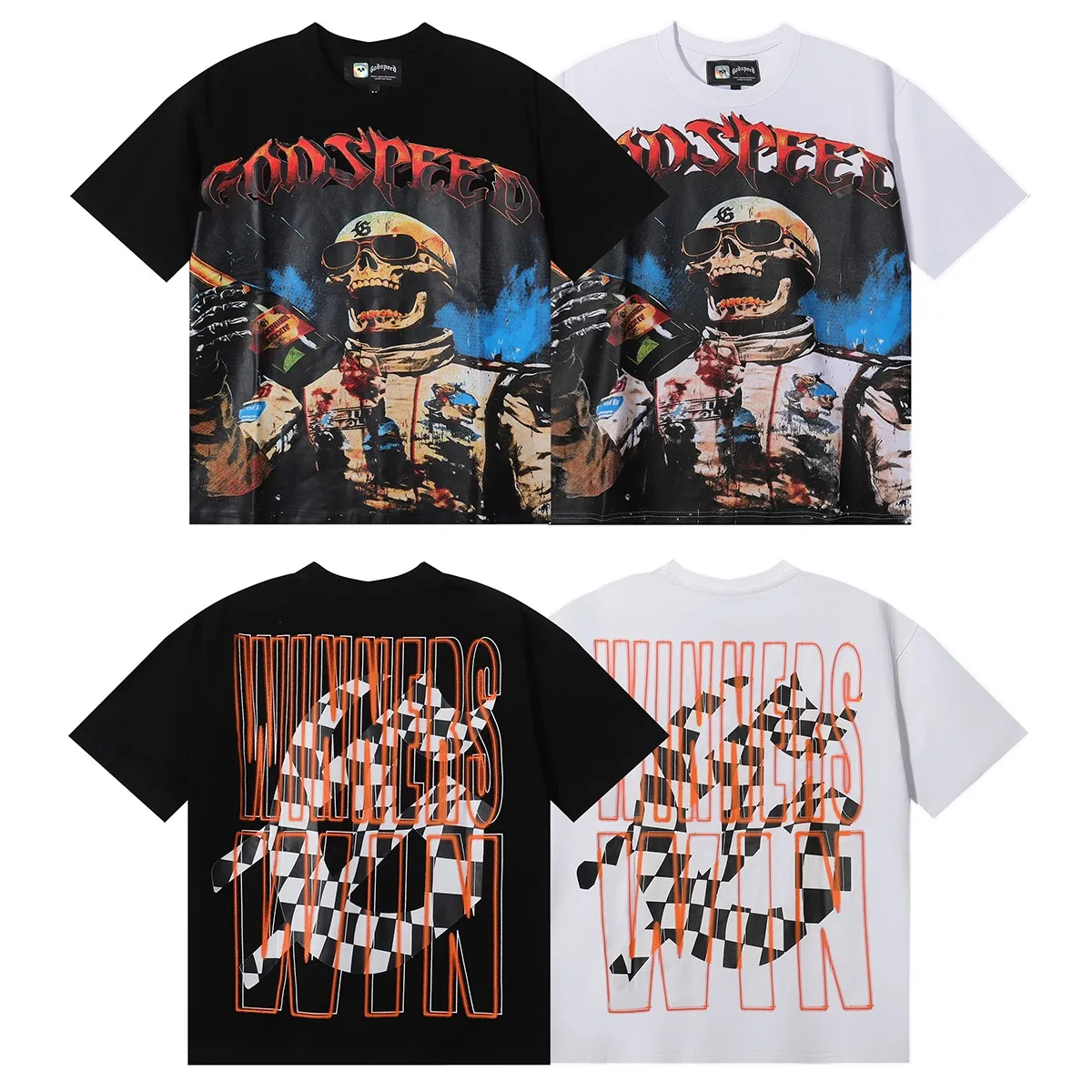 No. 7015, 2025 new Godspeed racer F1 champagne printed high-quality double yarn pure cotton casual short-sleeved T-shirt batch 110 Color: black, white; Size: S M L XL