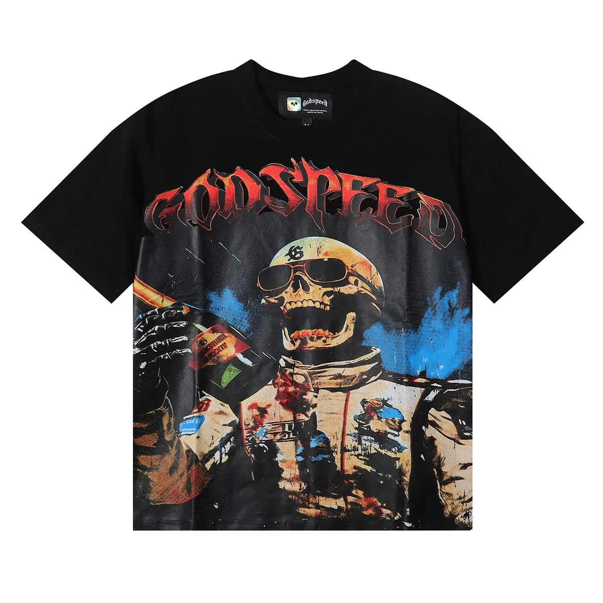 No. 7015, 2025 new Godspeed racer F1 champagne printed high-quality double yarn pure cotton casual short-sleeved T-shirt batch 110 Color: black, white; Size: S M L XL