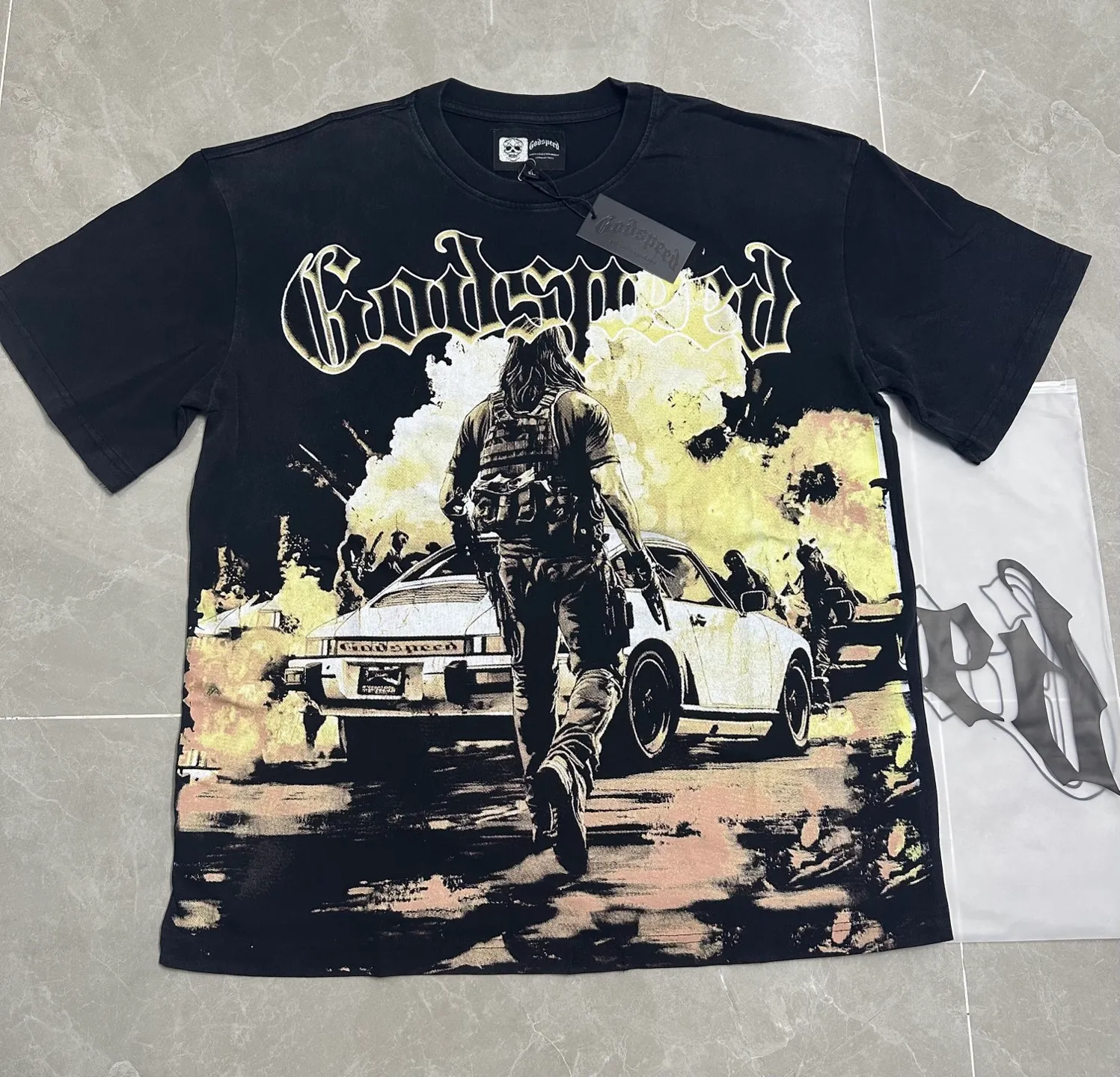6137# Washed black I P116 Real stock (American fashion niche) Godspeed cross-border American rock street washed retro style short-sleeved T (craft printing) Fabric (fabric): 32 counts combed double yarn 250 grams weight Size (size): S-M-L-XL Color (colour): Washed black