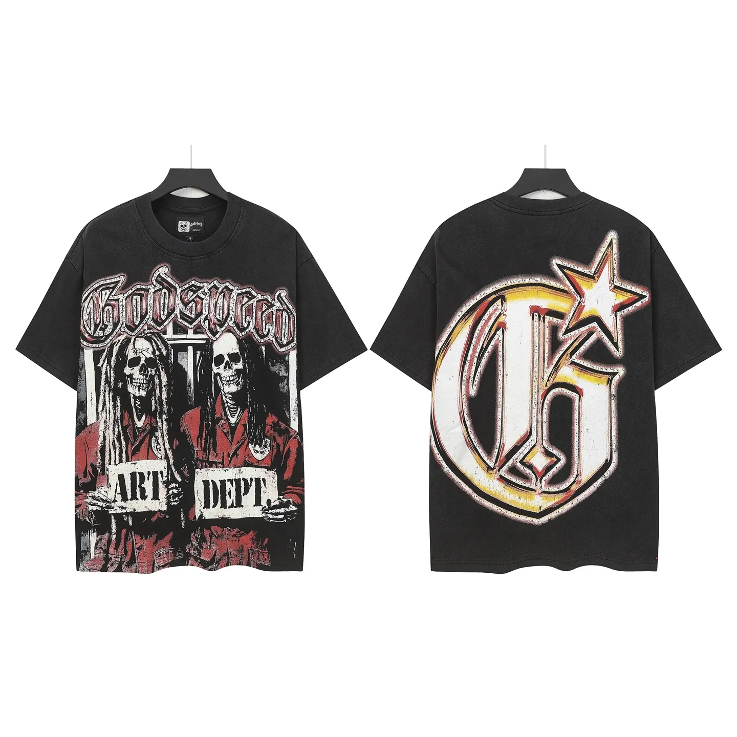 6119#washed retro black｜P116 Godspeed cross-border American rock and roll street washed retro style short-sleeved T (craft printing) fabric (fabric): 32 count combed double yarn 250g weight code number (size): S-M-L-XL color (colour): washed black