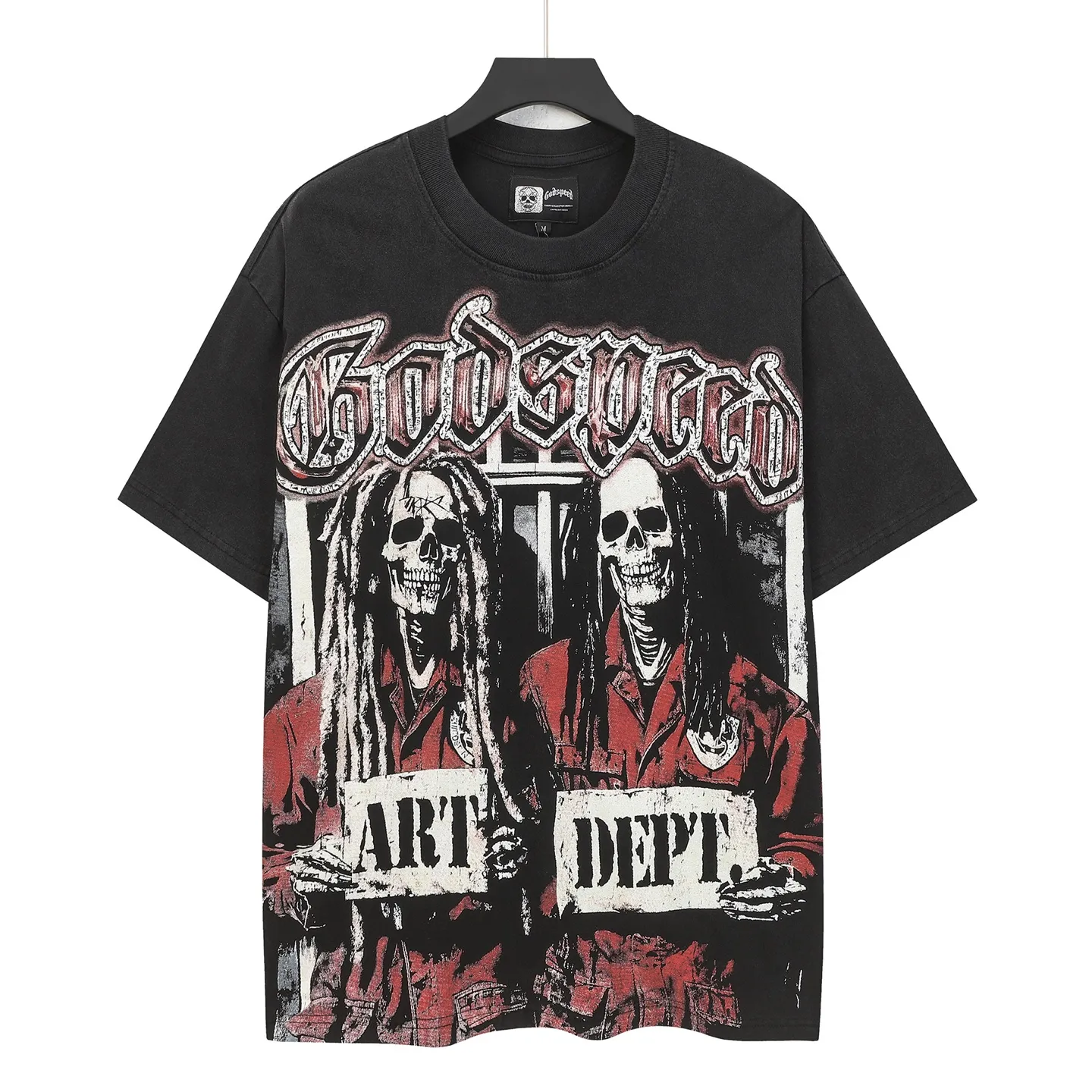 6119#washed retro black｜P116 Godspeed cross-border American rock and roll street washed retro style short-sleeved T (craft printing) fabric (fabric): 32 count combed double yarn 250g weight code number (size): S-M-L-XL color (colour): washed black