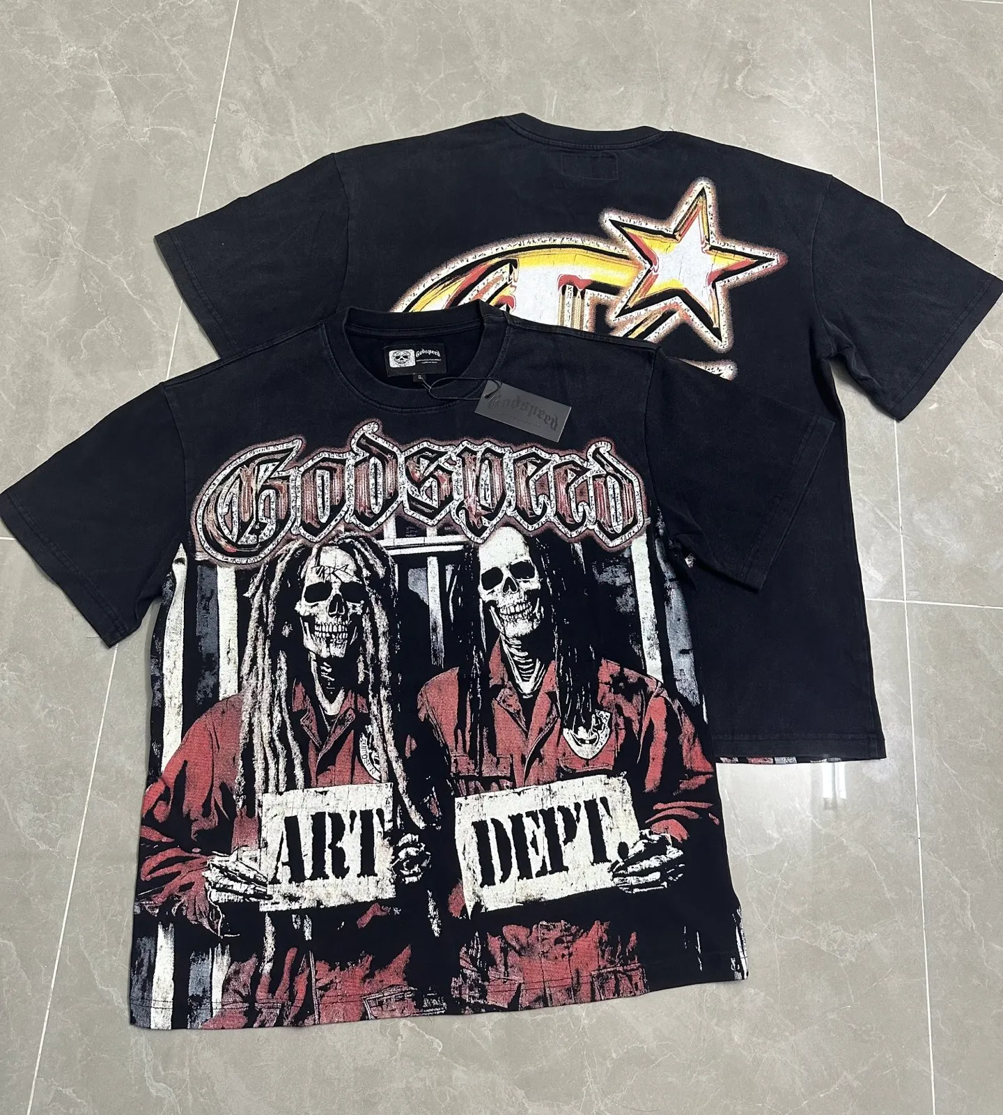 6119#washed retro black｜P116 Godspeed cross-border American rock and roll street washed retro style short-sleeved T (craft printing) fabric (fabric): 32 count combed double yarn 250g weight code number (size): S-M-L-XL color (colour): washed black