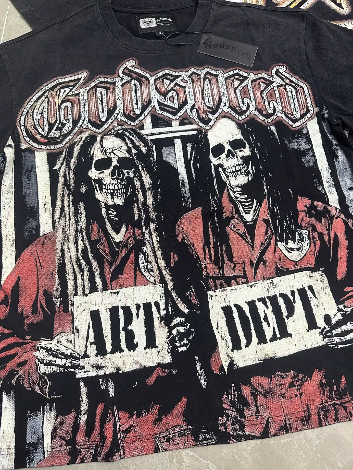 6119#washed retro black｜P116 Godspeed cross-border American rock and roll street washed retro style short-sleeved T (craft printing) fabric (fabric): 32 count combed double yarn 250g weight code number (size): S-M-L-XL color (colour): washed black