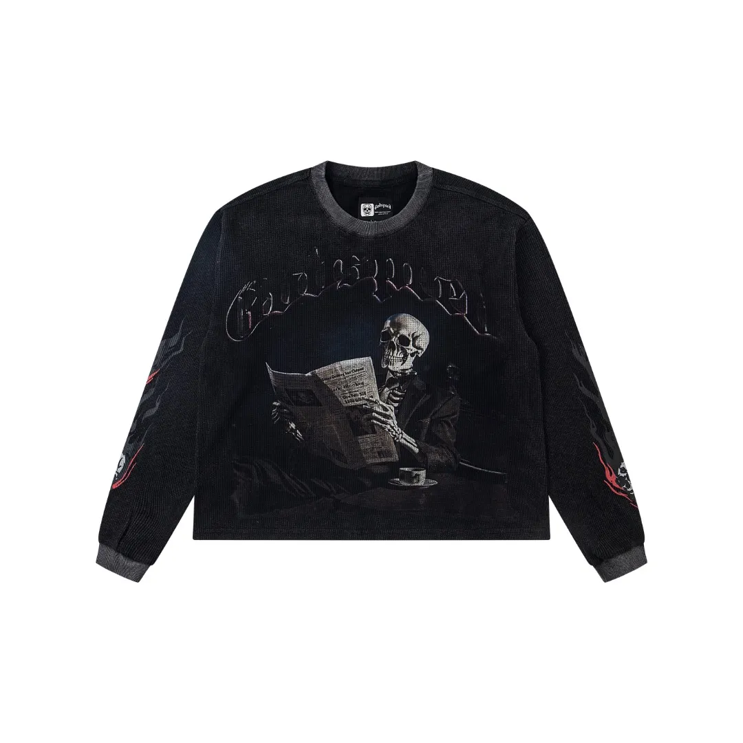 G16# GodSpeed ​​white ink direct spray long-sleeved waffle S-XL washed black P186 apricot P176