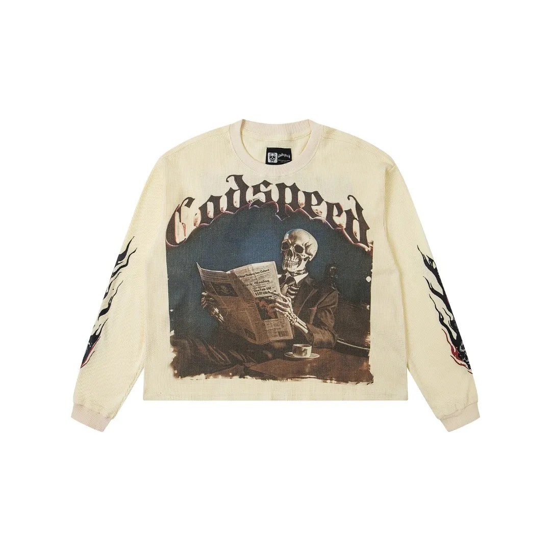 G16# GodSpeed ​​white ink direct spray long-sleeved waffle S-XL washed black P186 apricot P176