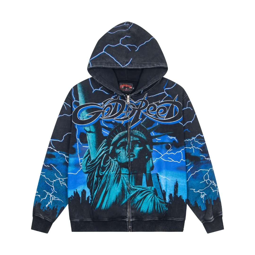 G56# GodSpeed ​​all-over HD printed washed zipper sweatshirt Size S-XL black blue black red black yellow P266