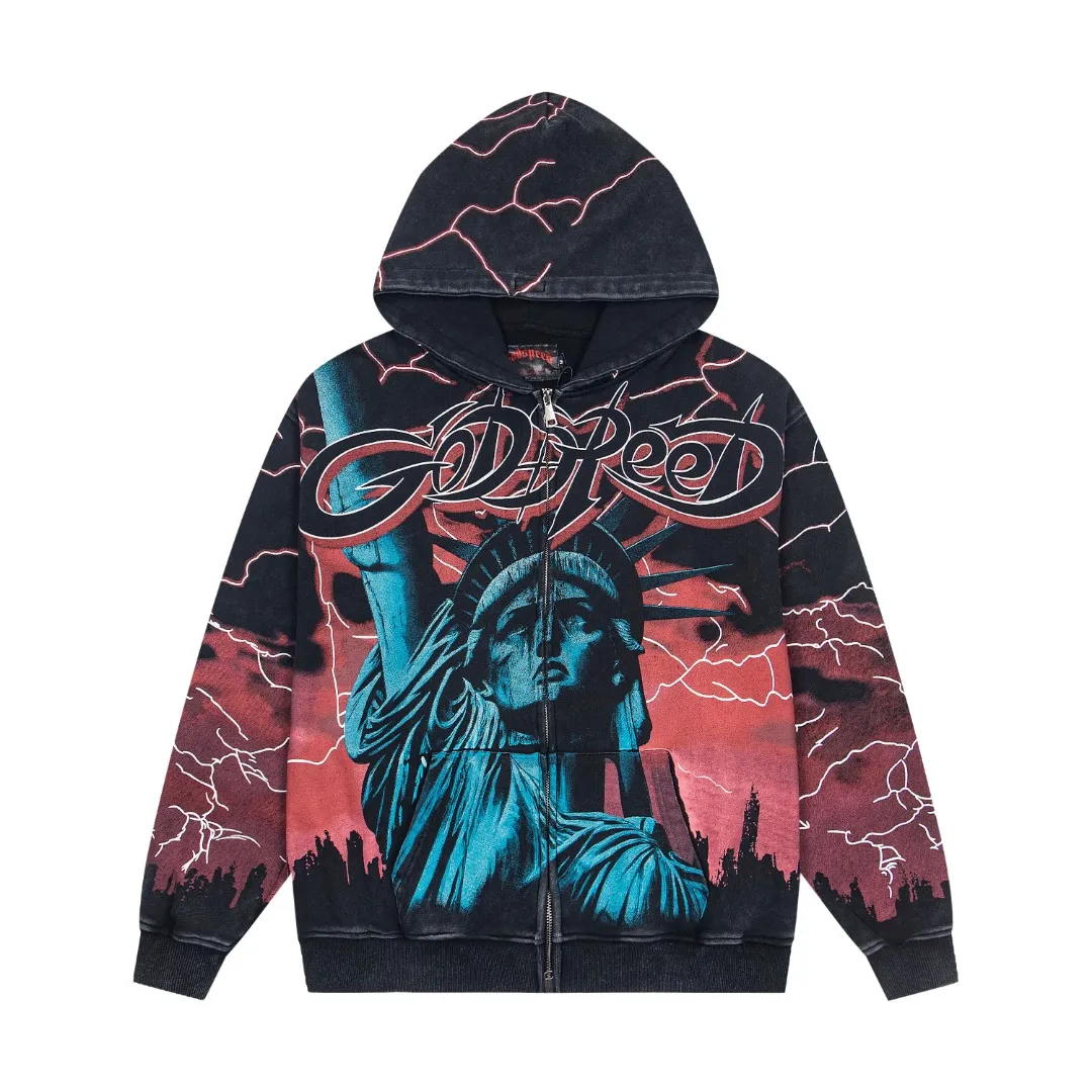 G56# GodSpeed ​​all-over HD printed washed zipper sweatshirt Size S-XL black blue black red black yellow P266