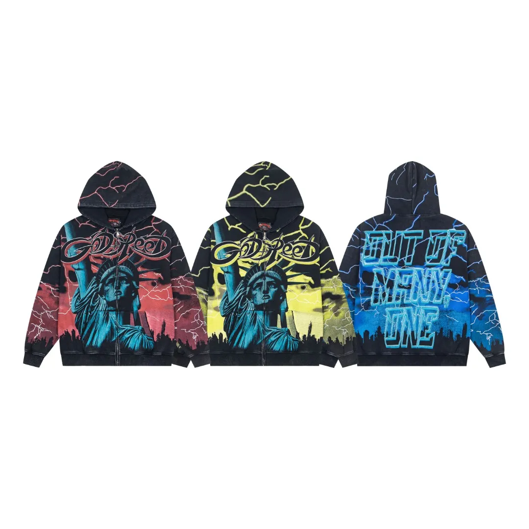 G56# GodSpeed ​​all-over HD printed washed zipper sweatshirt Size S-XL black blue black red black yellow P266