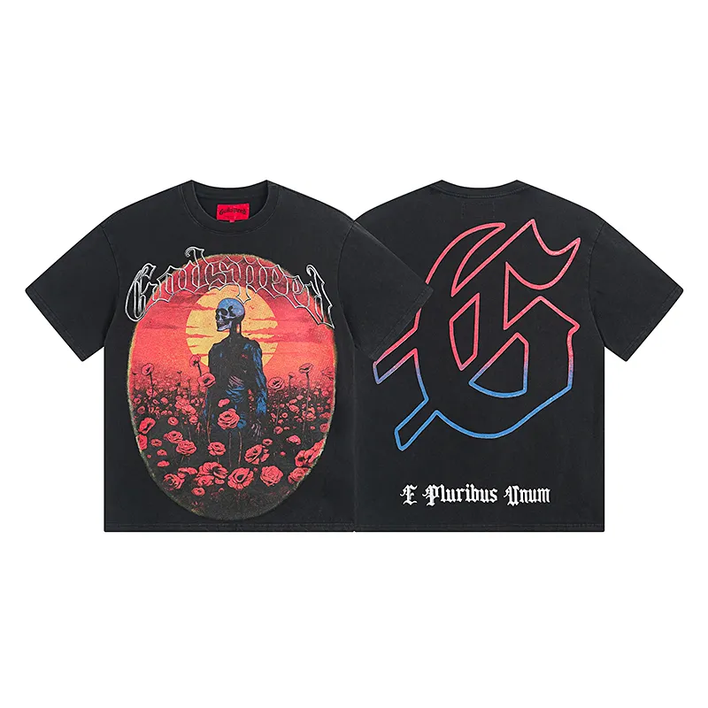 1077# P126 Washed Black Real Shot Godspeed American Fashion Rock Street Retro Washed Distressed Printed Pure Cotton Short Sleeves Fabric: 250g 32 Count Fine Cotton Double Yarn Pure Cotton Color: Washed Black Size: S M L XL
