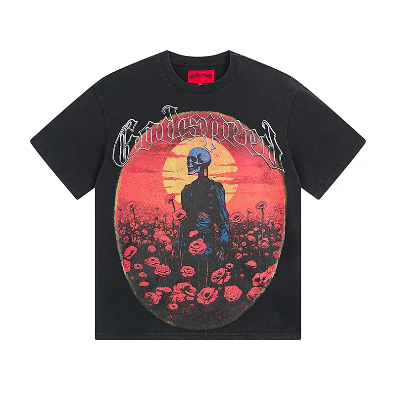 1077# P126 Washed Black Real Shot Godspeed American Fashion Rock Street Retro Washed Distressed Printed Pure Cotton Short Sleeves Fabric: 250g 32 Count Fine Cotton Double Yarn Pure Cotton Color: Washed Black Size: S M L XL