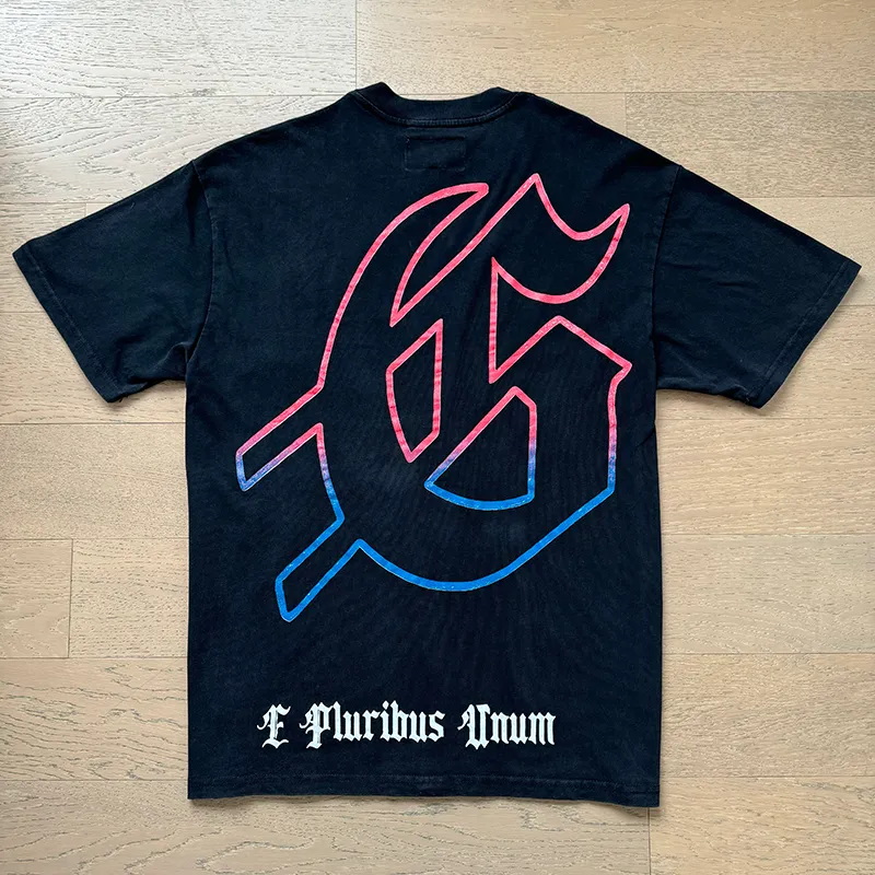 1077# P126 Washed Black Real Shot Godspeed American Fashion Rock Street Retro Washed Distressed Printed Pure Cotton Short Sleeves Fabric: 250g 32 Count Fine Cotton Double Yarn Pure Cotton Color: Washed Black Size: S M L XL